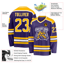 Load image into Gallery viewer, Custom Purple Gold-White Hockey Jersey