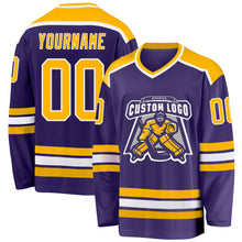 Load image into Gallery viewer, Custom Purple Gold-White Hockey Jersey