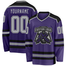 Load image into Gallery viewer, Custom Purple Gray Black-White Hockey Jersey