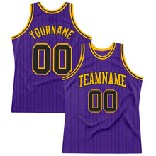 Load image into Gallery viewer, Custom Purple Black Pinstripe Black-Gold Authentic Basketball Jersey