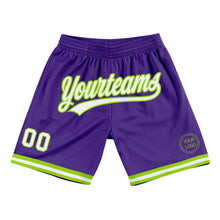 Load image into Gallery viewer, Custom Purple White-Neon Green Authentic Throwback Basketball Shorts