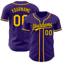 Load image into Gallery viewer, Custom Purple Black Pinstripe Gold Authentic Baseball Jersey
