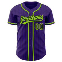 Load image into Gallery viewer, Custom Purple Black Pinstripe Neon Green Authentic Baseball Jersey