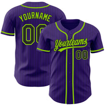 Load image into Gallery viewer, Custom Purple Black Pinstripe Neon Green Authentic Baseball Jersey