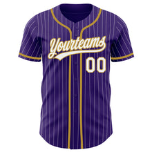 Load image into Gallery viewer, Custom Purple White Pinstripe Old Gold Authentic Baseball Jersey