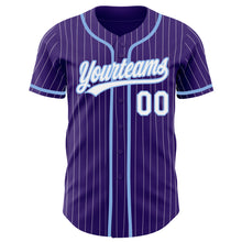 Load image into Gallery viewer, Custom Purple White Pinstripe Light Blue Authentic Baseball Jersey
