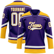 Load image into Gallery viewer, Custom Purple White-Gold Hockey Lace Neck Jersey