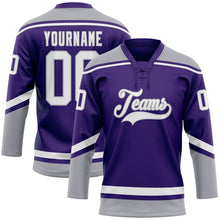 Load image into Gallery viewer, Custom Purple White-Gray Hockey Lace Neck Jersey