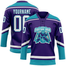 Load image into Gallery viewer, Custom Purple White-Teal Hockey Lace Neck Jersey