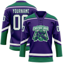 Load image into Gallery viewer, Custom Purple White-Kelly Green Hockey Lace Neck Jersey