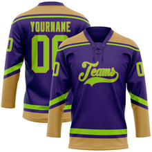 Load image into Gallery viewer, Custom Purple Neon Green-Old Gold Hockey Lace Neck Jersey