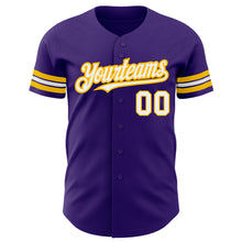 Load image into Gallery viewer, Custom Purple White-Gold Authentic Baseball Jersey