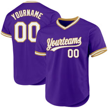 Load image into Gallery viewer, Custom Purple White-Old Gold Authentic Throwback Baseball Jersey