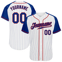 Load image into Gallery viewer, Custom White Royal Pinstripe Royal-Red Authentic Raglan Sleeves Baseball Jersey