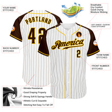 Load image into Gallery viewer, Custom White Brown Pinstripe Brown-Gold Authentic Raglan Sleeves Baseball Jersey