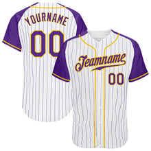 Load image into Gallery viewer, Custom White Purple Pinstripe Purple-Gold Authentic Raglan Sleeves Baseball Jersey
