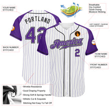 Load image into Gallery viewer, Custom White Purple Pinstripe Purple-Gray Authentic Raglan Sleeves Baseball Jersey