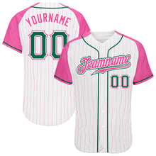 Load image into Gallery viewer, Custom White Pink Pinstripe Kelly Green-Pink Authentic Raglan Sleeves Baseball Jersey