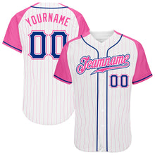 Load image into Gallery viewer, Custom White Pink Pinstripe Royal-Pink Authentic Raglan Sleeves Baseball Jersey