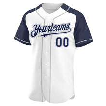 Load image into Gallery viewer, Custom White Navy-Gray Authentic Raglan Sleeves Baseball Jersey