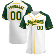 Load image into Gallery viewer, Custom White Green-Gold Authentic Raglan Sleeves Baseball Jersey