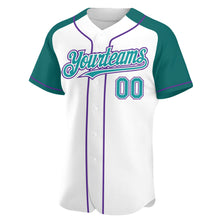 Load image into Gallery viewer, Custom White Teal-Purple Authentic Raglan Sleeves Baseball Jersey