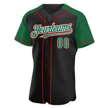 Load image into Gallery viewer, Custom Black Kelly Green-Red Authentic Raglan Sleeves Baseball Jersey
