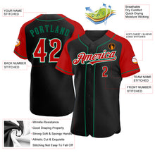 Load image into Gallery viewer, Custom Black Red-Kelly Green Authentic Raglan Sleeves Baseball Jersey
