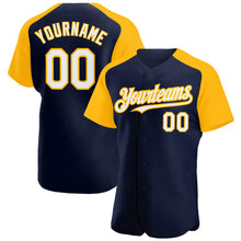 Load image into Gallery viewer, Custom Navy White-Gold Authentic Raglan Sleeves Baseball Jersey