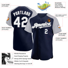 Load image into Gallery viewer, Custom Navy White-Gray Authentic Raglan Sleeves Baseball Jersey