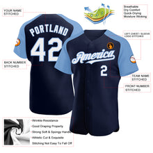 Load image into Gallery viewer, Custom Navy White-Light Blue Authentic Raglan Sleeves Baseball Jersey