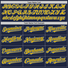 Load image into Gallery viewer, Custom Navy Light Blue-Yellow Authentic Raglan Sleeves Baseball Jersey