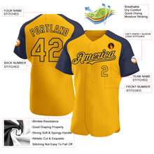 Load image into Gallery viewer, Custom Gold Navy Authentic Raglan Sleeves Baseball Jersey
