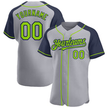 Load image into Gallery viewer, Custom Gray Neon Green-Navy Authentic Raglan Sleeves Baseball Jersey