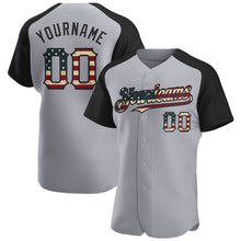 Load image into Gallery viewer, Custom Gray Vintage USA Flag-Black Authentic Raglan Sleeves Baseball Jersey