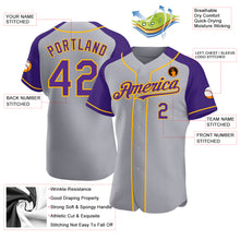 Load image into Gallery viewer, Custom Gray Purple-Gold Authentic Raglan Sleeves Baseball Jersey