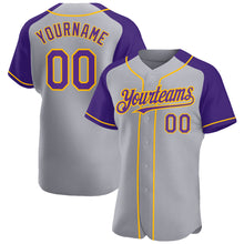 Load image into Gallery viewer, Custom Gray Purple-Gold Authentic Raglan Sleeves Baseball Jersey