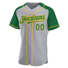 Load image into Gallery viewer, Custom Gray Kelly Green-Gold Authentic Raglan Sleeves Baseball Jersey