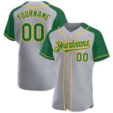 Load image into Gallery viewer, Custom Gray Kelly Green-Gold Authentic Raglan Sleeves Baseball Jersey
