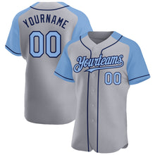 Load image into Gallery viewer, Custom Gray Light Blue-Navy Authentic Raglan Sleeves Baseball Jersey