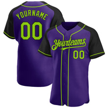 Load image into Gallery viewer, Custom Purple Neon Green-Black Authentic Raglan Sleeves Baseball Jersey