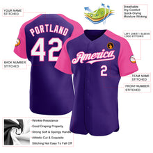 Load image into Gallery viewer, Custom Purple White-Pink Authentic Raglan Sleeves Baseball Jersey