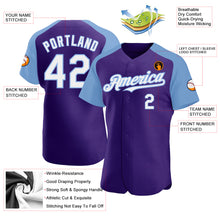 Load image into Gallery viewer, Custom Purple White-Light Blue Authentic Raglan Sleeves Baseball Jersey