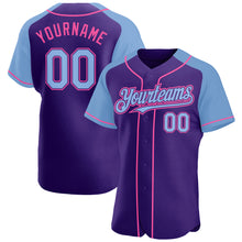Load image into Gallery viewer, Custom Purple Light Blue-Pink Authentic Raglan Sleeves Baseball Jersey