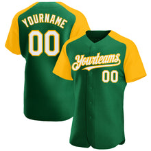Load image into Gallery viewer, Custom Kelly Green White-Gold Authentic Raglan Sleeves Baseball Jersey