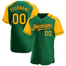 Load image into Gallery viewer, Custom Kelly Green Gold-Black Authentic Raglan Sleeves Baseball Jersey