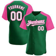 Load image into Gallery viewer, Custom Kelly Green White-Pink Authentic Raglan Sleeves Baseball Jersey