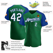 Load image into Gallery viewer, Custom Kelly Green White-Royal Authentic Raglan Sleeves Baseball Jersey