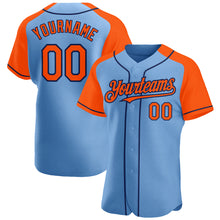 Load image into Gallery viewer, Custom Light Blue Orange-Navy Authentic Raglan Sleeves Baseball Jersey