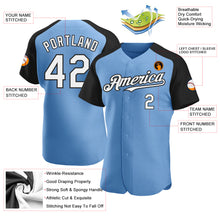 Load image into Gallery viewer, Custom Light Blue White-Black Authentic Raglan Sleeves Baseball Jersey